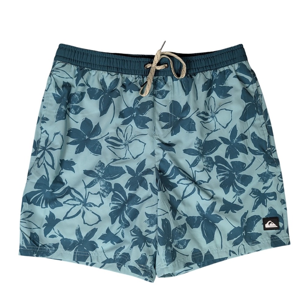Quiksilver Mens Teal Blue Floral Swim Trunks Board Shorts Elastic Waist M